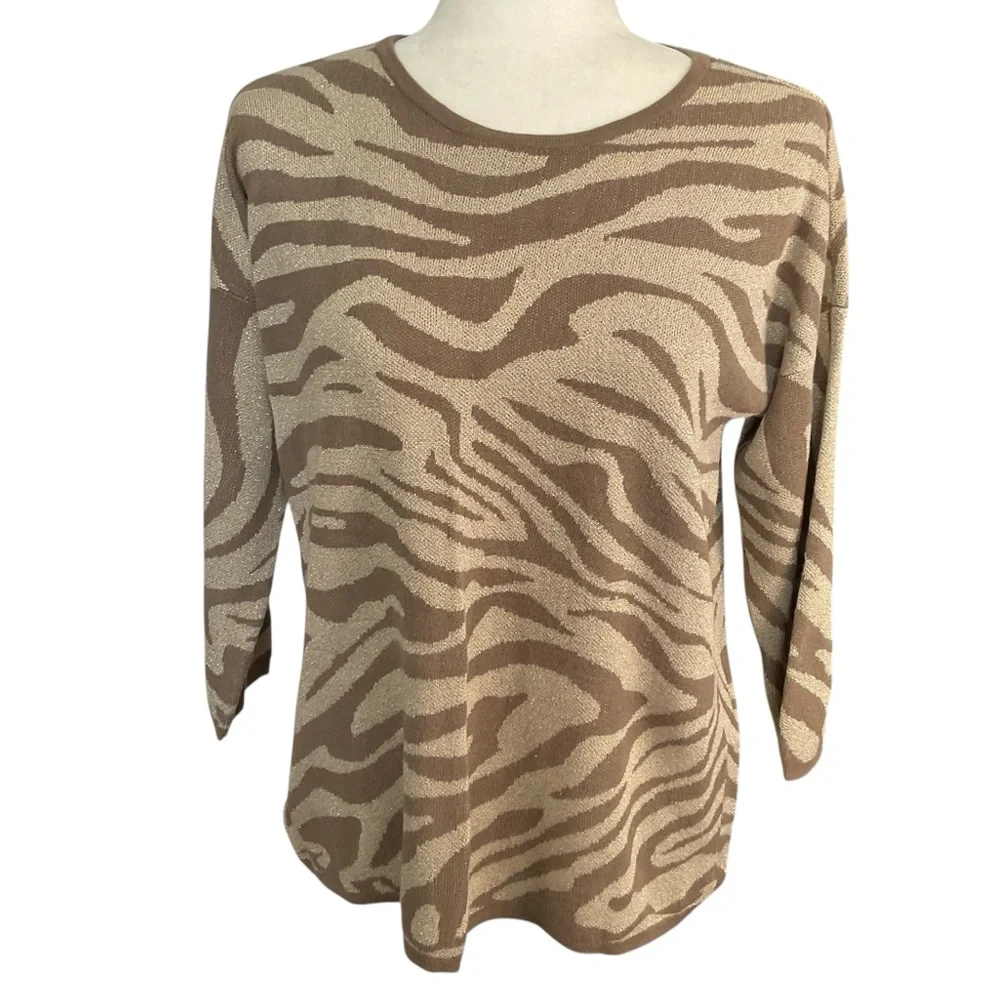 Chico's Tan and Brown Zebra Print Gold Metallic Accent Crewneck Sweater Size M